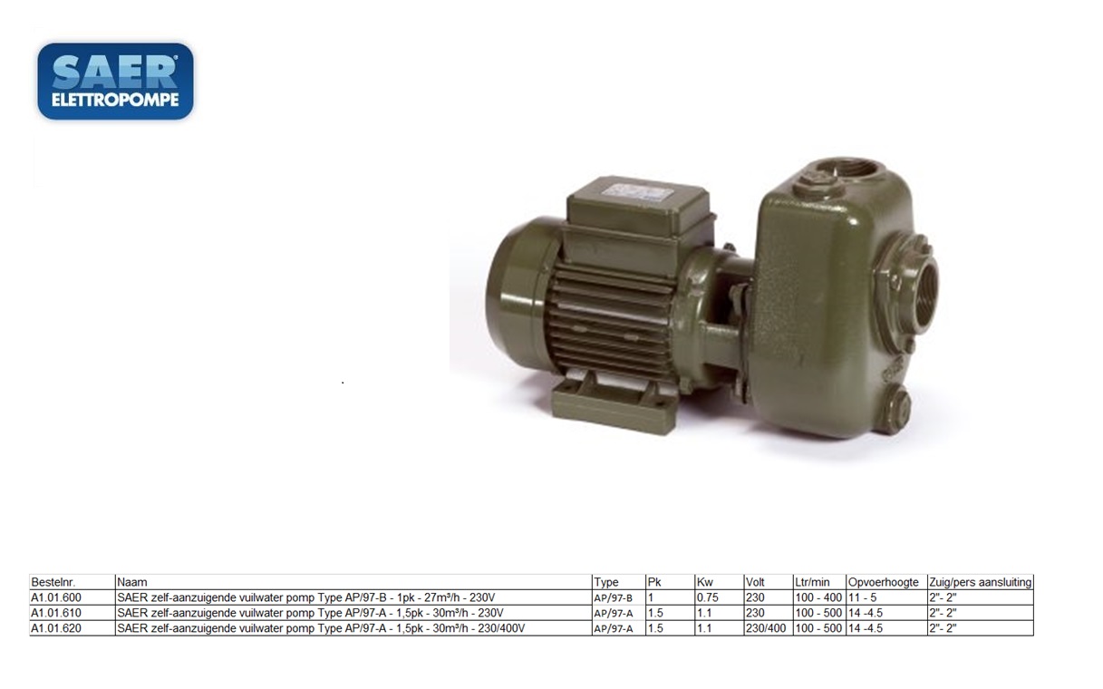 SAER zelf-aanzuigende vuilwater pomp Type AP/97-A 400V