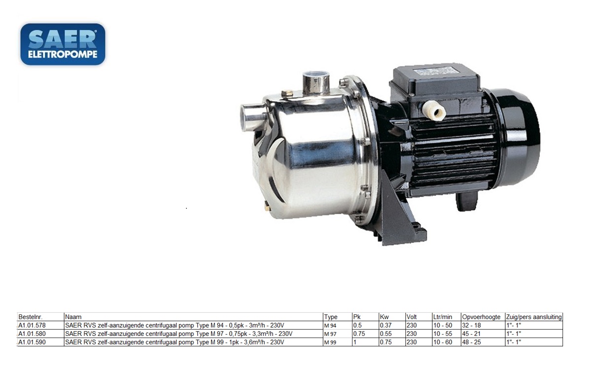 SAER RVS zelf-aanzuigende centrifugaal pomp Type M 99 230V