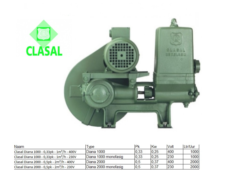 Clasal Diana 1000 Losse zuigerpomp met motor 0,33pk - 1m³/h 400V