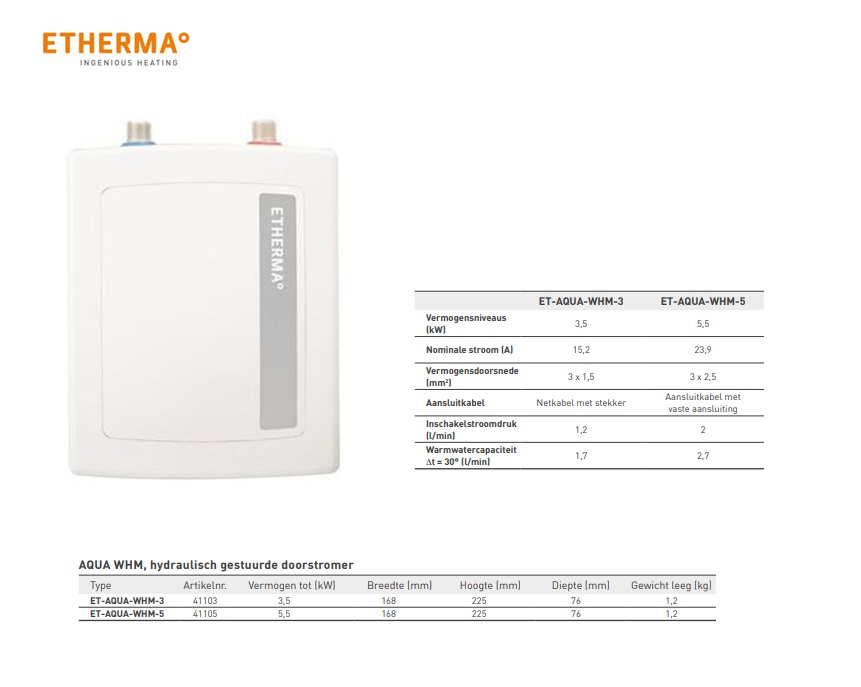Elektrische tapwater doorstromer 3.5kW 230V WHM-3