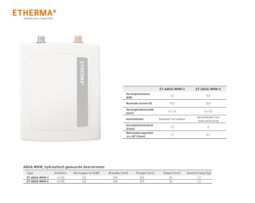 Elektrische tapwater doorstromer 3.5kW 230V WHM-3