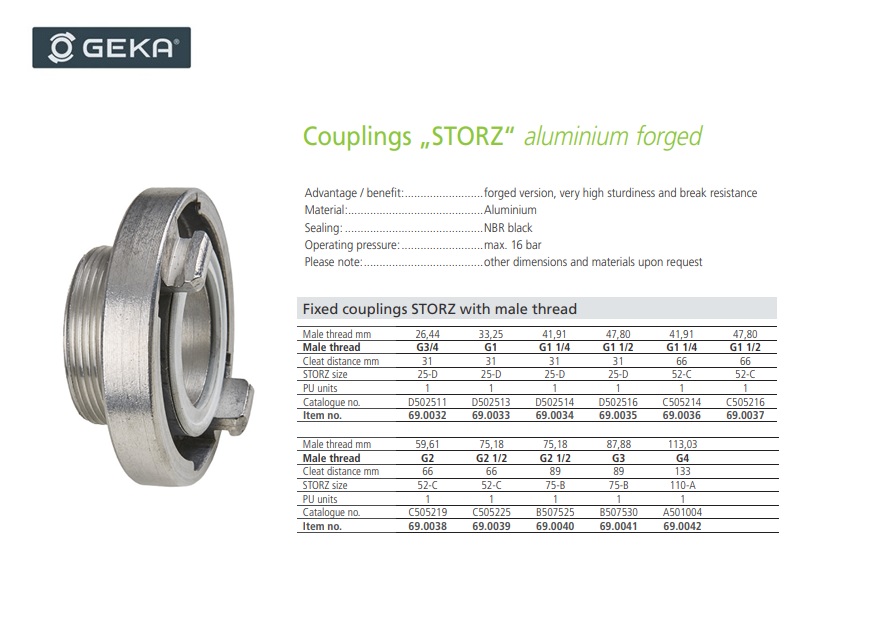 Storz-snelkoppelingen met buitenschroefdraad 25-D KA 31mm AG G 3/4