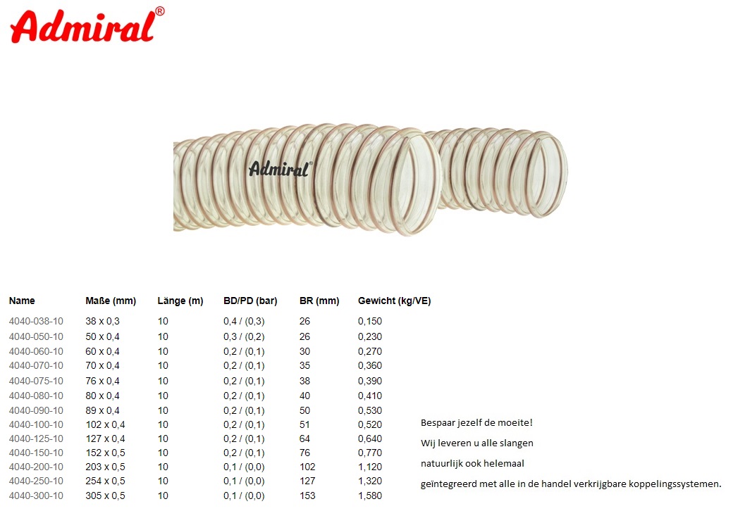 Zuig en persslang Admiral Pur 38 x 0,3 mm / 10 m