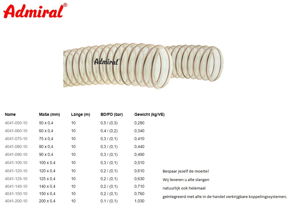 Zuig en persslang Admiral Pur 1 50 x 0,4 mm / 10 m