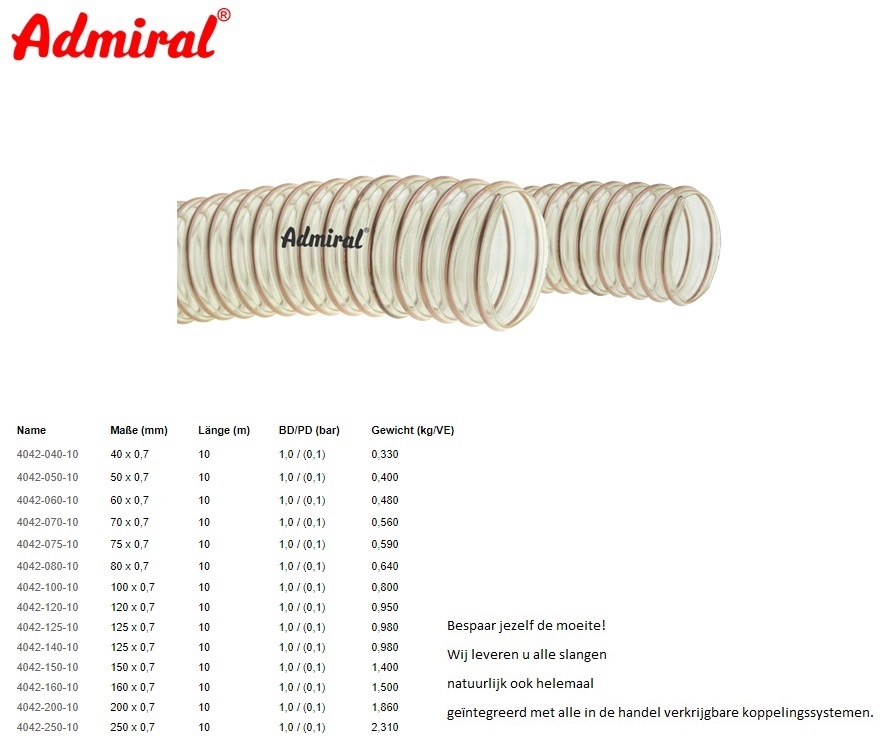 Zuig en persslang Admiral Pur 2 40 x 0,7 mm / 10 m