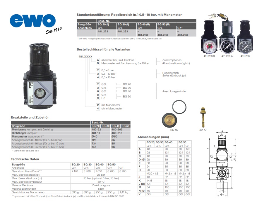 Drukregelaar type 481 variobloc, G¼, BG 20, regelbereik: 0,5–6 bar, zonder manometer