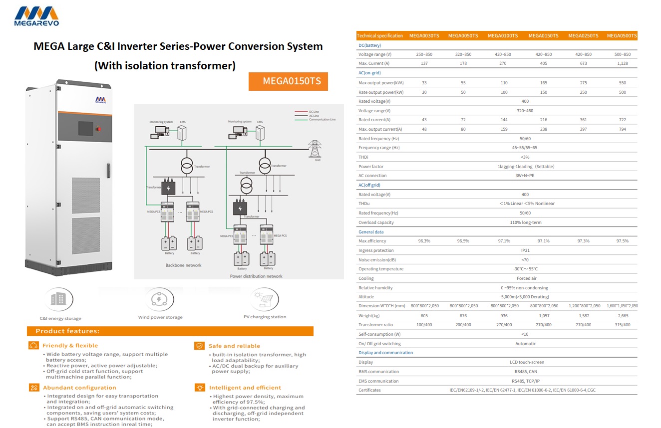 MEGA Large C&I inverter-Power Conversion System 150kw 3-fase 0n/off-grid