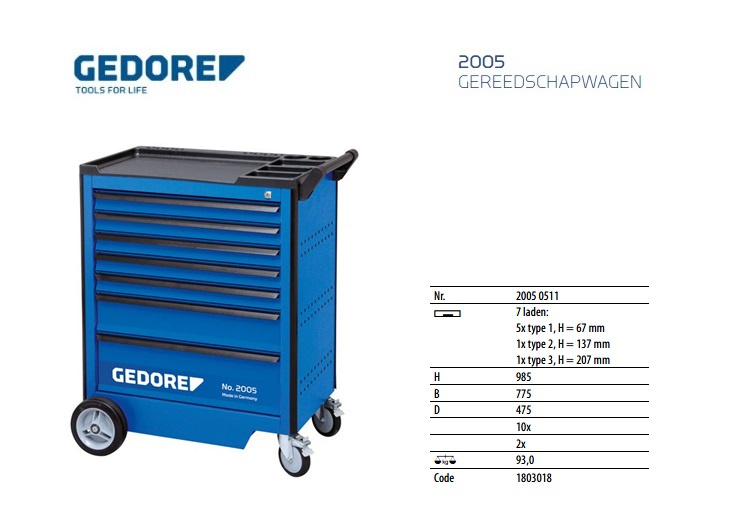 Gereedschapwagen met 9 laden Gedore 2003562 | DKMTools - DKM Tools