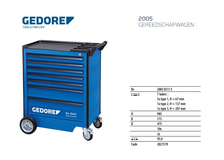 Gereedschapwagen met individuele lade-uittrekblokkering Gedore 2827379