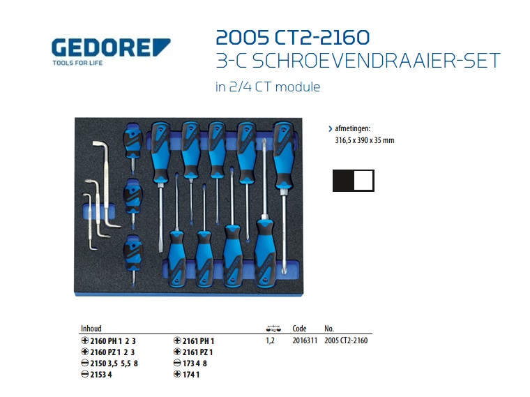 3-C schroevendraaier-set in 2/4 CT module, 15-dlg Gedore 2016311