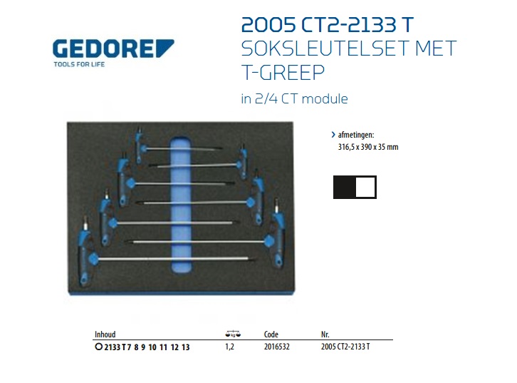 Soksleutelset met T-greep in 2/4 CT module, 7-dlg Gedore 2016532