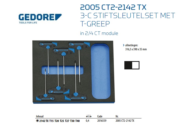 Stiftsleutelset met 2C-T-greep in 2/4 CT module, 6-dlg Gedore 2016559