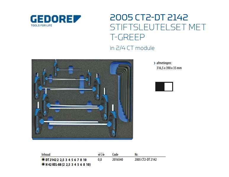 Stiftsleutelset met T-greep in 2/4 CT module, 17-dlg Gedore 2016540