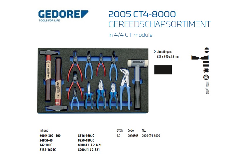 Gereedschapsortiment in 4/4 CT module, 13-dlg Gedore 2016303