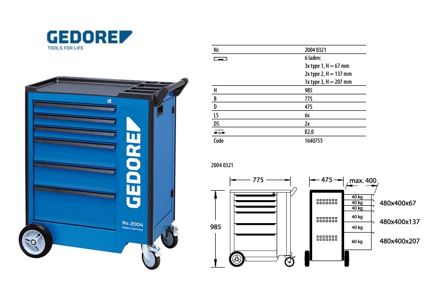 Gereedschapwagen met 6 laden Gedore 1640755
