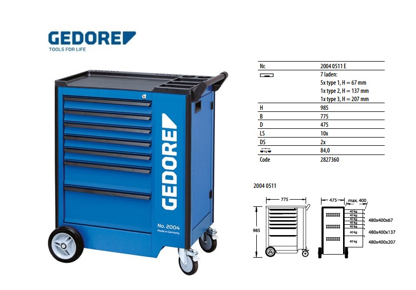 Gereedschapwagen met individuele lade-uittrekblokkering Gedore 2827360