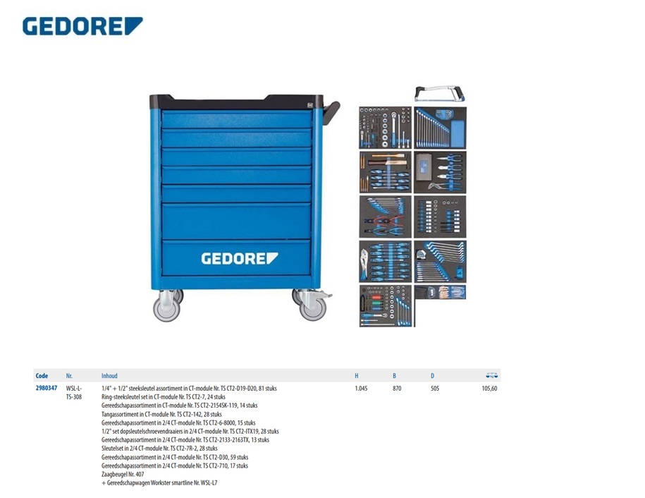 Gedore Gereedschapswagen 308 delig