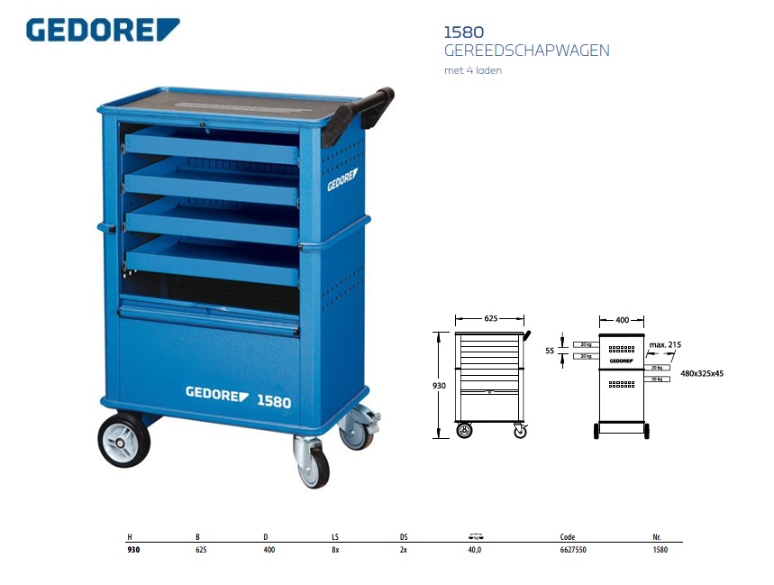 Gereedschapwagen met 4 laden Gedore 6627550