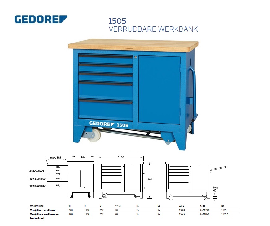 Verrijdbare werkbank, 1,25 m breed, met 14 laden Gedore 2528088 | DKMTools - DKM Tools