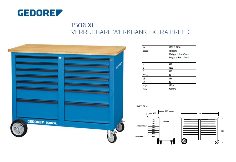 Verrijdbare werkbank, 1,25 m breed, met 18 laden Gedore 2528096