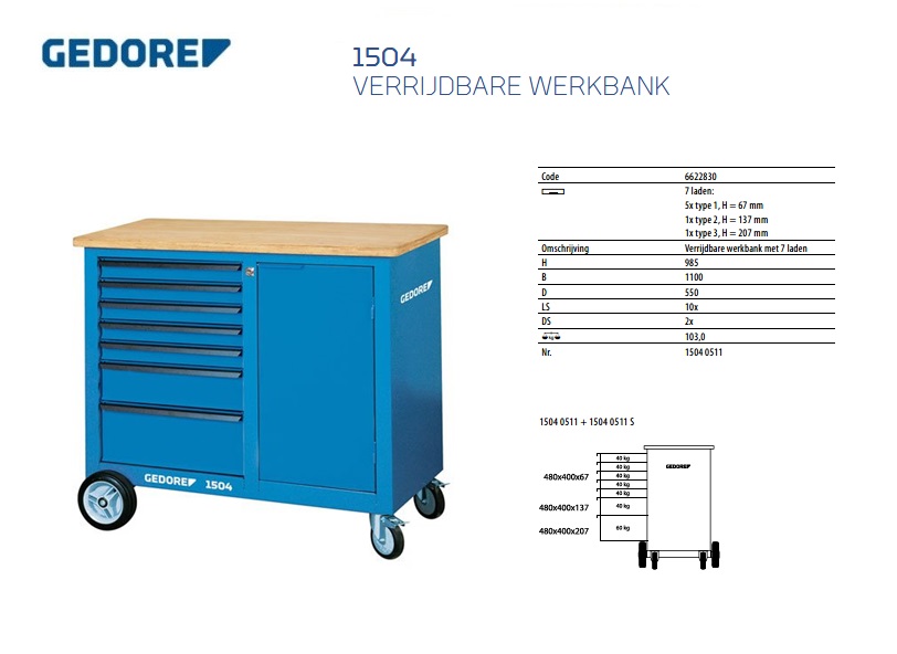 Verrijdbare werkbank met 7 laden Gedore 6622830