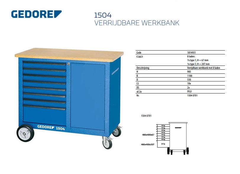 Verrijdbare werkbank met 8 laden Gedore 1814931