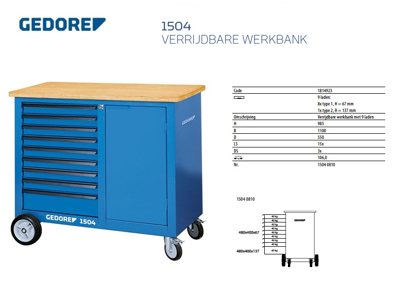 Verrijdbare werkbank met 9 laden Gedore 1814923