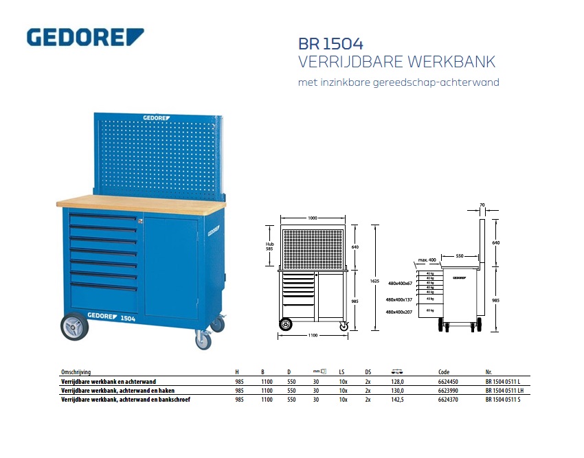 Verrijdbare werkbank en achterwand Gedore 6624450