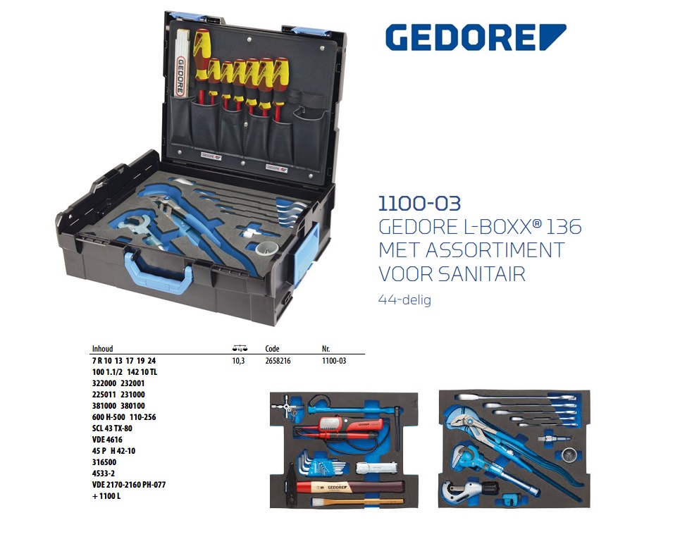 GEDORE-Sortimo L-BOXX 136 met assortiment voor sanitair, 44-dlg