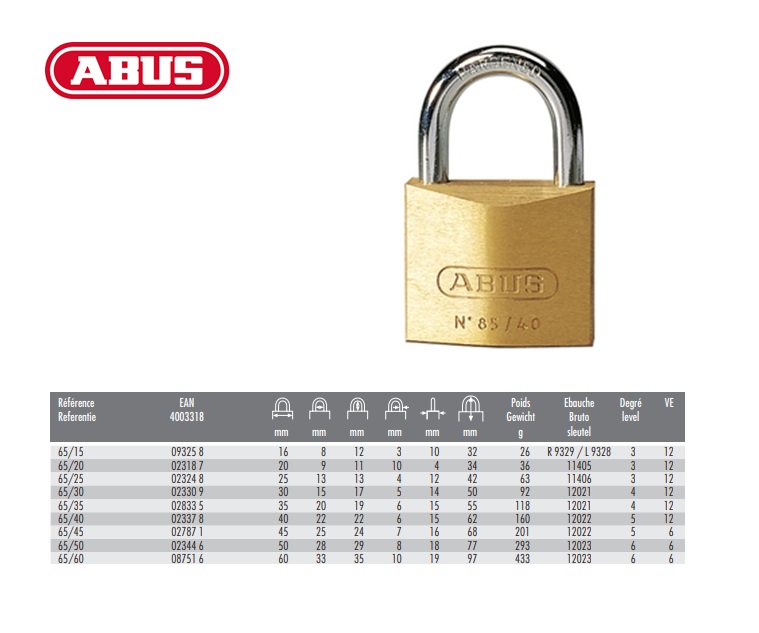 Abus 85/15 messing hangslot 15mm incl. 2 sleutels