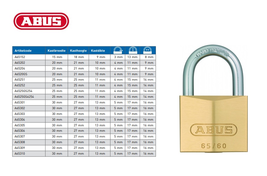 Abus messing hangslot 15mm gelijksluitend nr. 152 incl. 2 sleutels