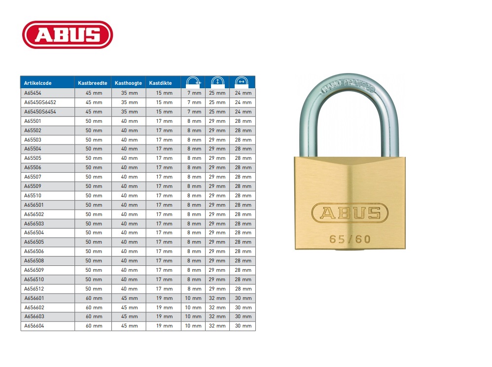 Abus messing hangslot 40mm gelijksluitend nr.6403, hoge beugel 63mm incl. 2 sleutels | DKMTools - DKM Tools