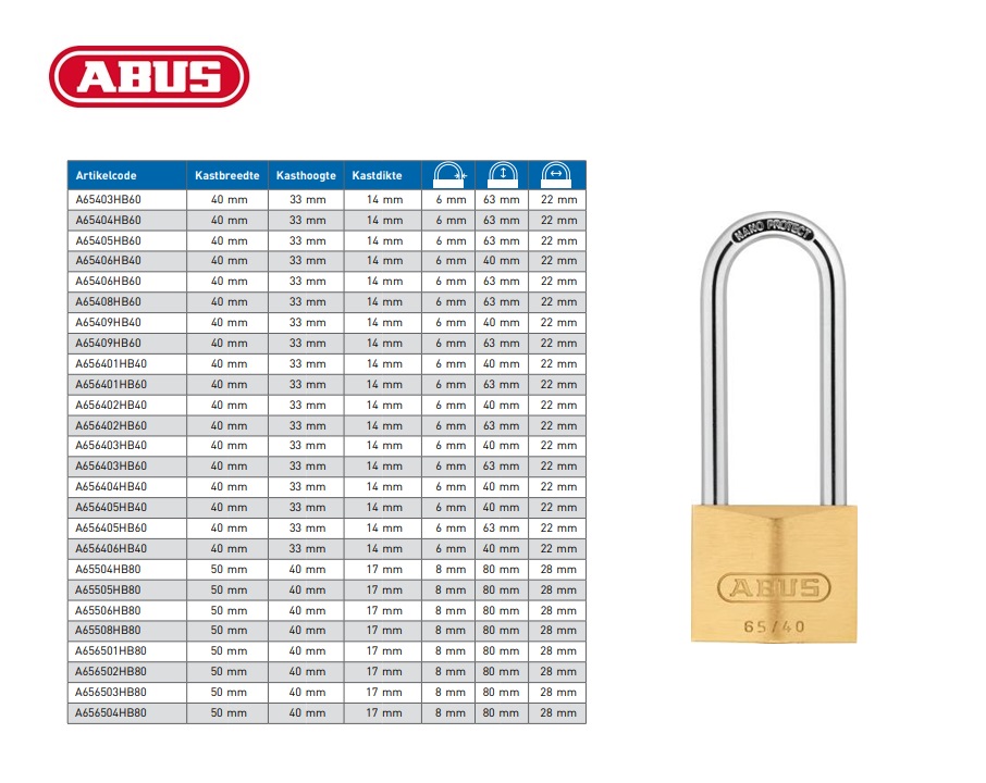 Abus messing hangslot 40mm gelijksluitend nr. 404, hoge beugel 63mm incl. 2 sleutels