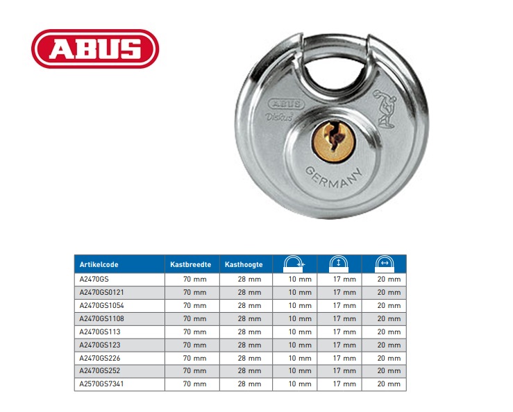 Abus Diskushangslot Ø 70mm gelijksluitend incl 2 sleutels