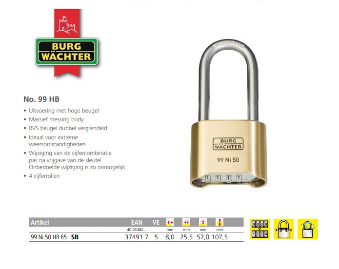 Burg-Wächter -Cadenas à code 99 Ni 50 HB 65 SB