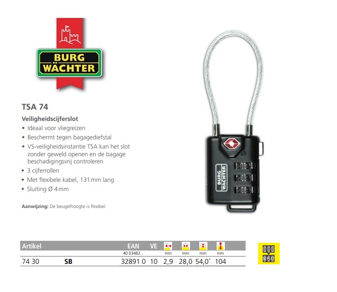 Cijferhangslot reissloten TSA 77 30 SB | DKMTools - DKM Tools