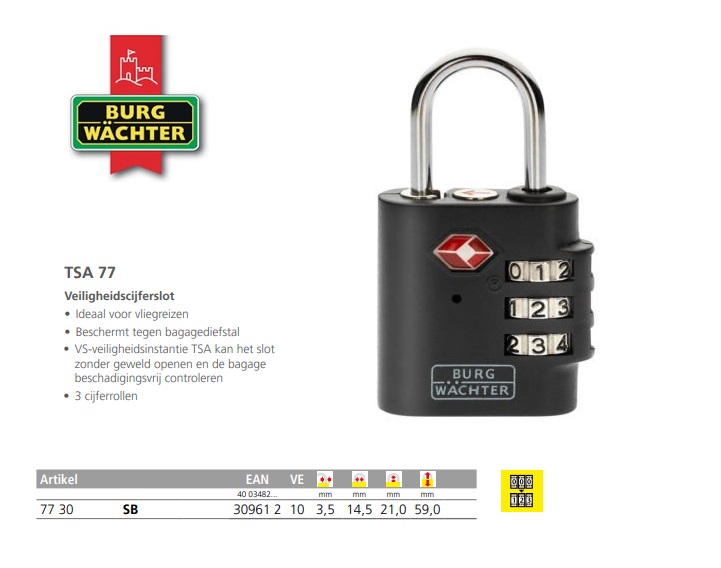 Cijferhangslot reissloten TSA 77 30 SB