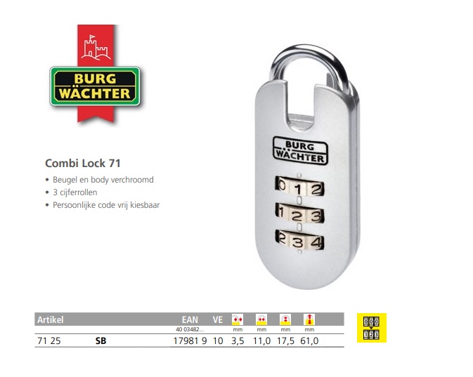 Cijferhangslot Combi Lock 71 25 SB