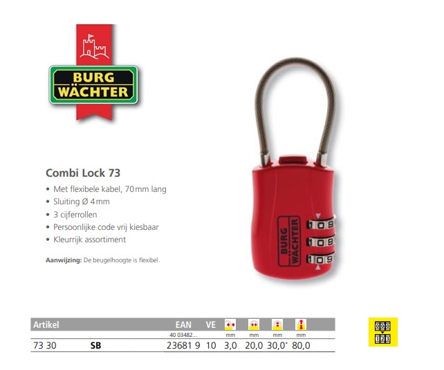 Cijferhangslot Combi Lock 73 30 SB