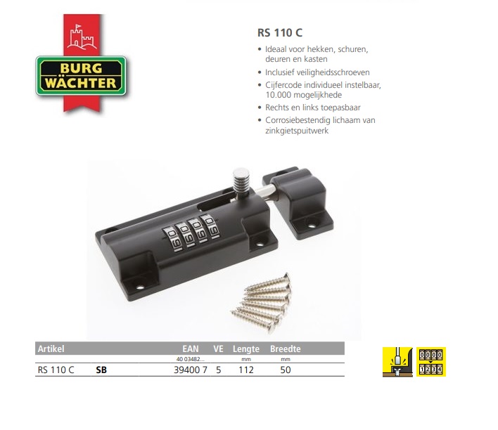 Vergrendeling met cijfercombinatie RS 110 C