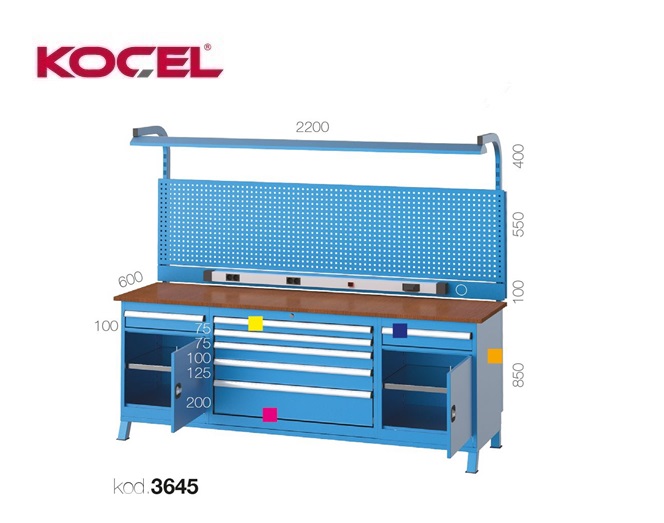 Fluorescerende werkbank 7 lades gereedschapswand