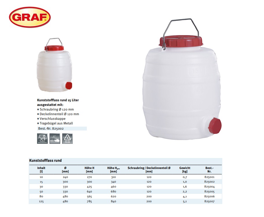 Kunststofvat rond 15 liter Ø300mm