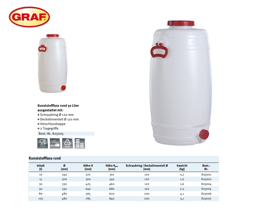 Kunststofvat rond 50 liter Ø330mm