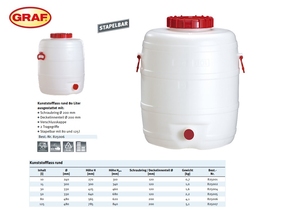 Kunststofvat rond 80 liter Ø480mm