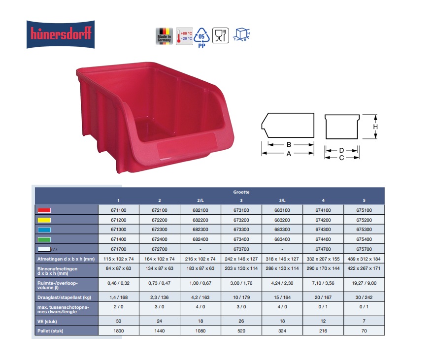 Magazijnbak 164/134 x 102 x 74mm gr 2