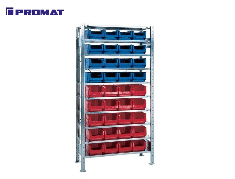 Stellingkast 10 schappen 16 x MK3Z blauw, 20 x MK3Z rood