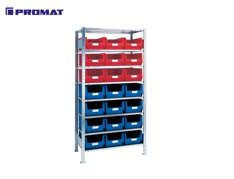 Stellingkast 8 schappen 12 x MK2 blauw, 9 x MK2 rood