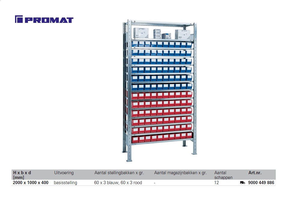 Stellingkast 60 x 3 blauw, 60 x 3 rood