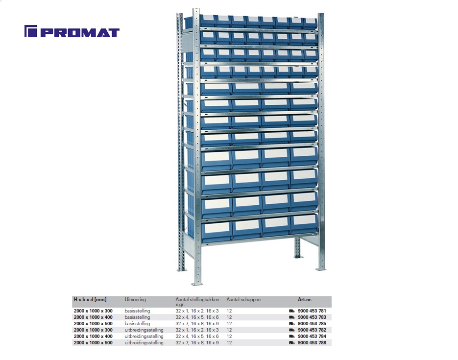 Stellingkast 2000 x 1000 x 300mm 32 x 1, 16 x 2, 16 x 3