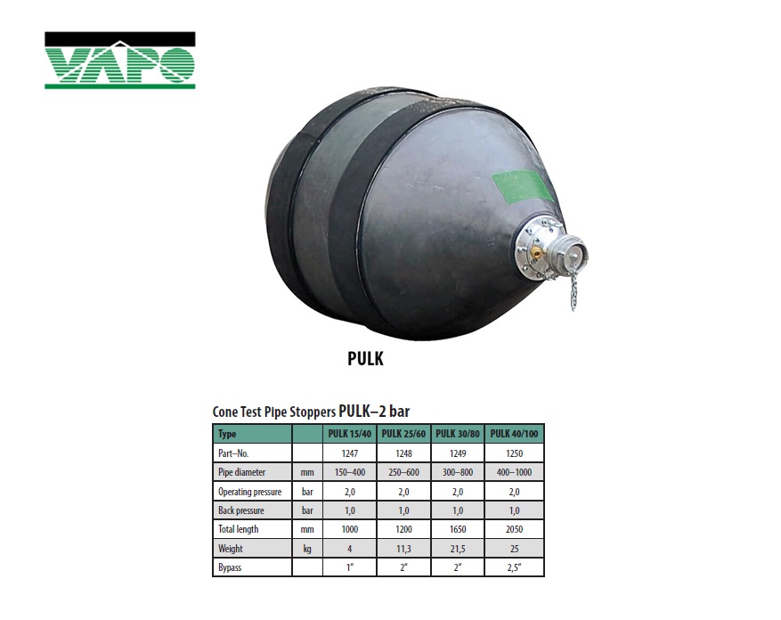 Conische buisafsluiter Bypass - 2 bar PULK 15/40 - 2 bar 150 x 400mm